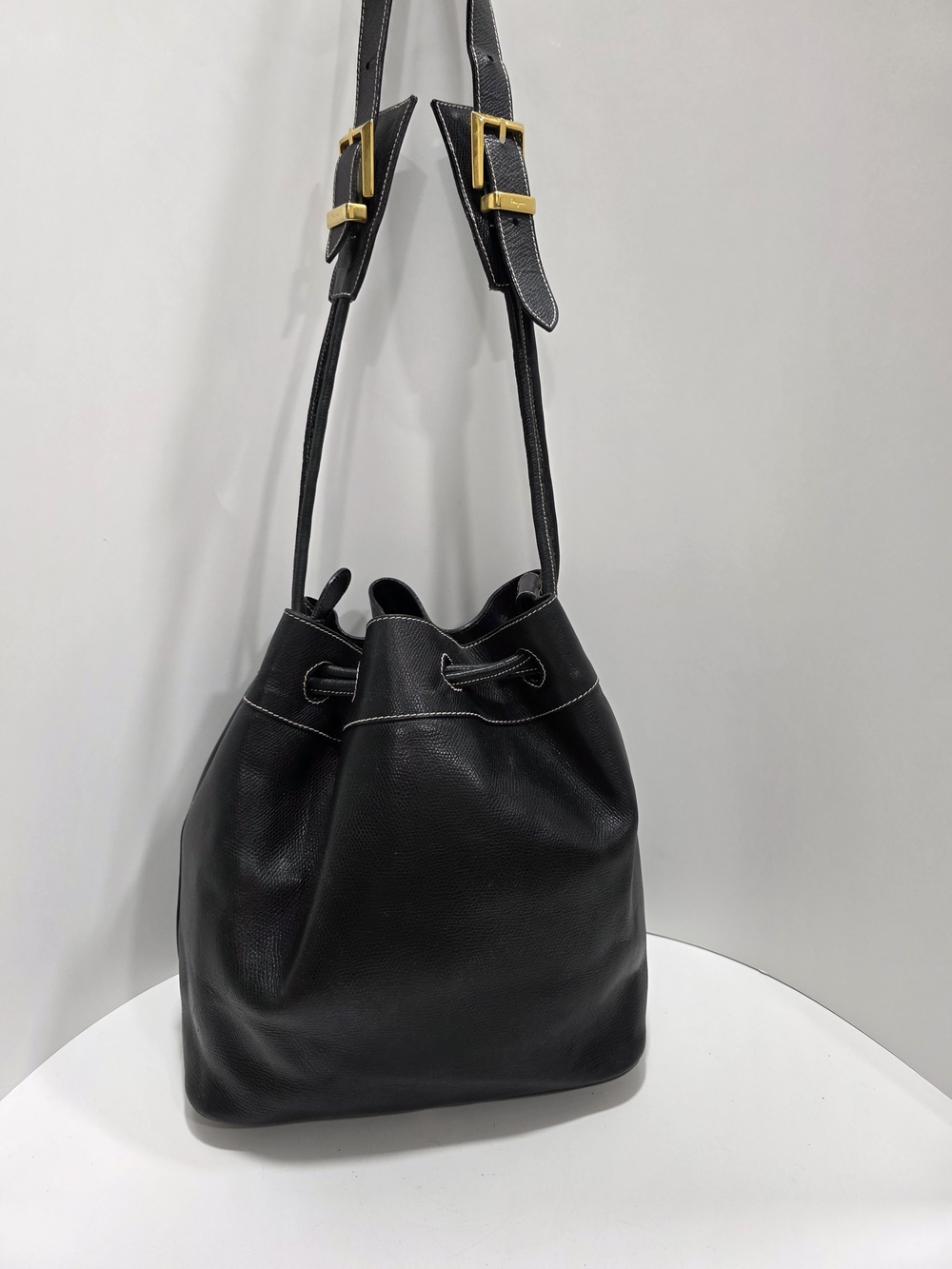 Salvatore Ferragamo Vintage Charcoal Leather Drawstring Shoulder Bag